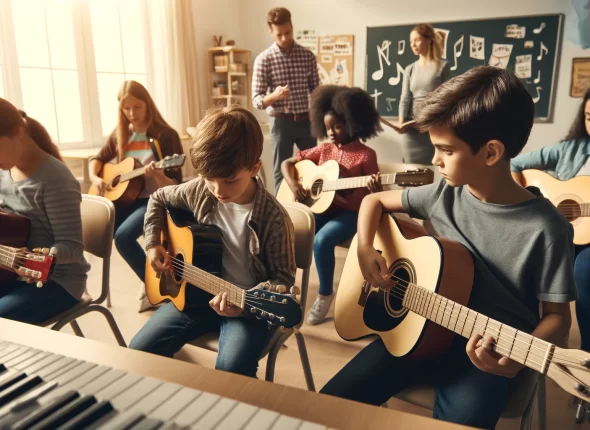 DALL·E 2024-05-08 17.24.21 - An educational and engaging image focused on a guitar lesson in a classroom setting. It features a diverse group of children, both boys and girls of v