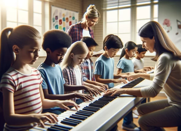 DALL·E 2024-05-08 17.25.34 - An inspiring image of a piano or keyboard lesson in a school setting, featuring a diverse group of children actively participating. The students, boys